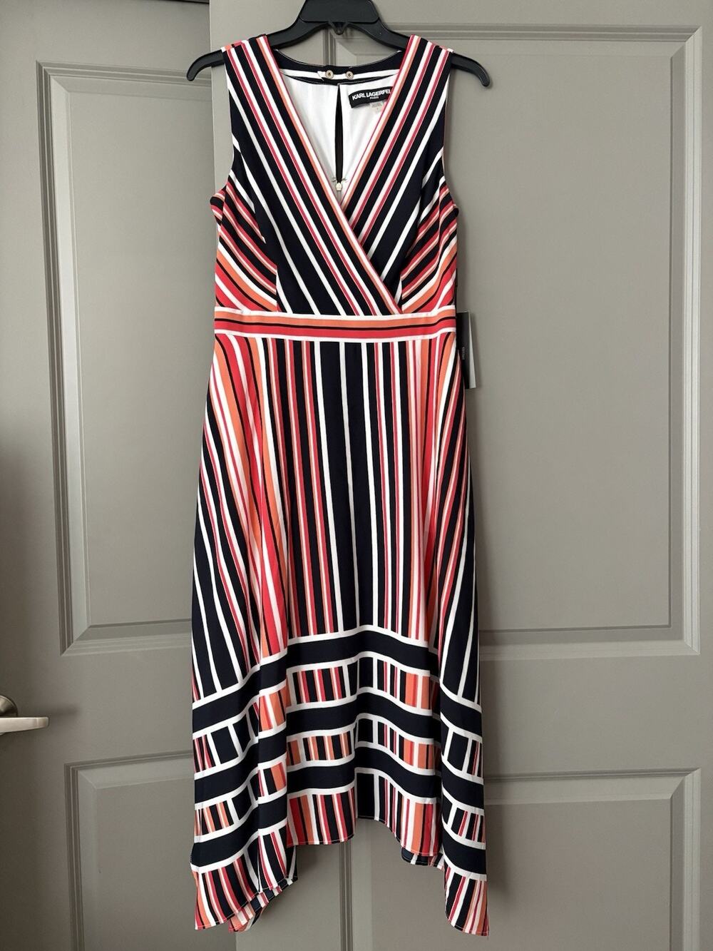 Karl Lagerfeld Paris Womens Sz 4 Striped Handkerchief Hem Sleeveless Midi Dress